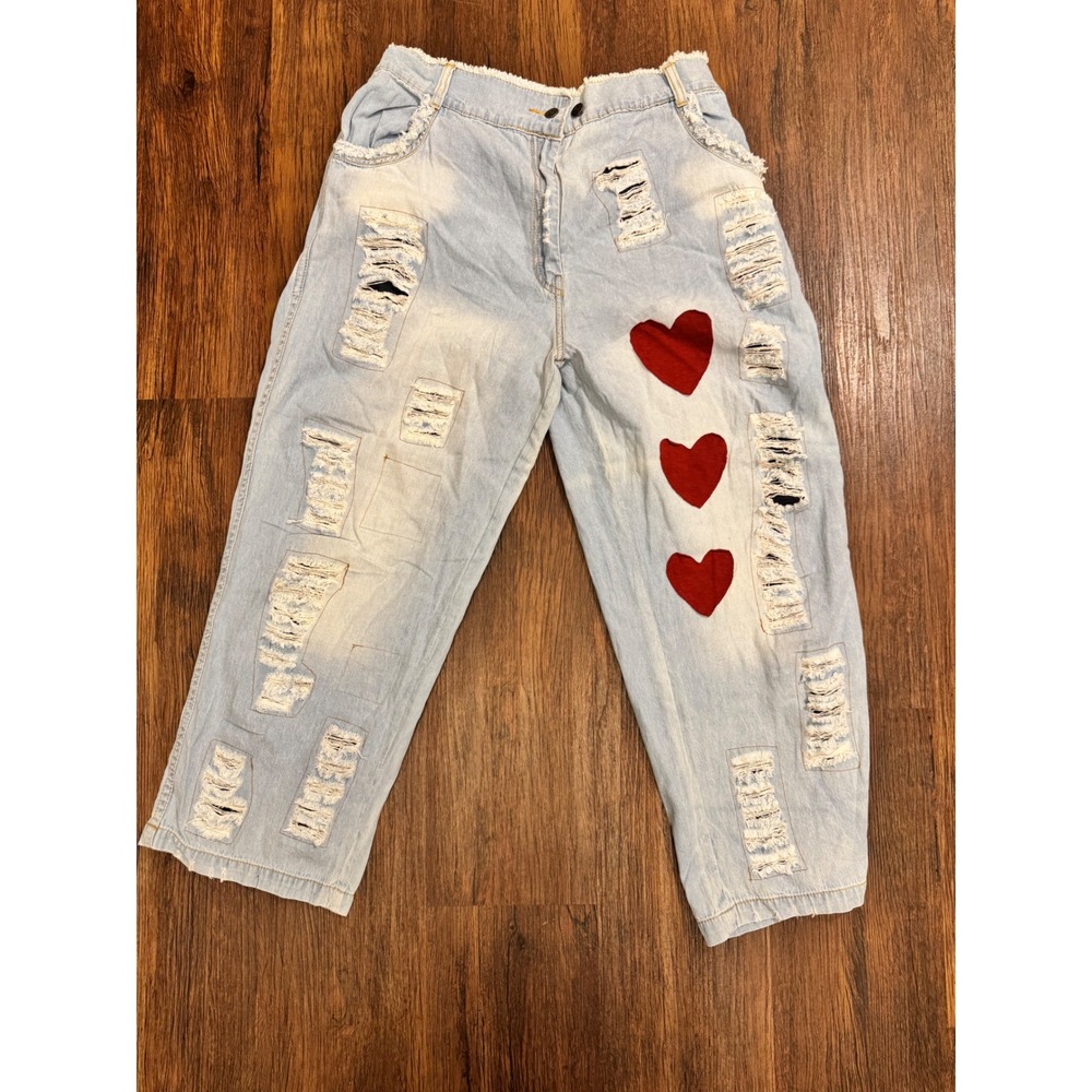 Paper Lace Womens XL Distressed Heart Applique Light Wash Denim Wide Leg Jeans